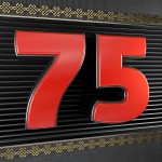Red number 75 (number seventy-five) with golden symbols endless knot